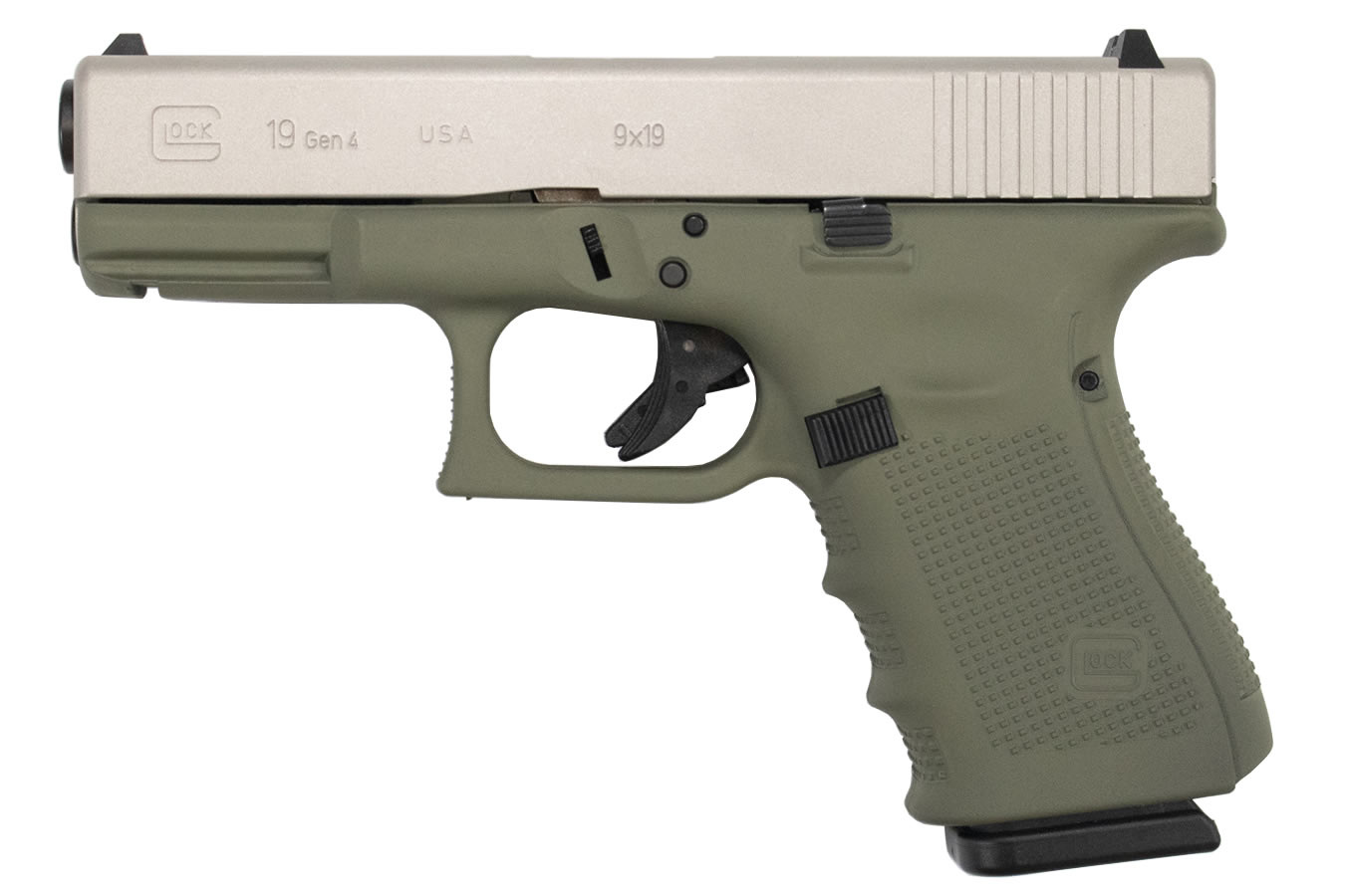 Glock 19 Gen4 9mm 15-Round Pistol with Forest Green Frame and Shimmering Cerakote Alum