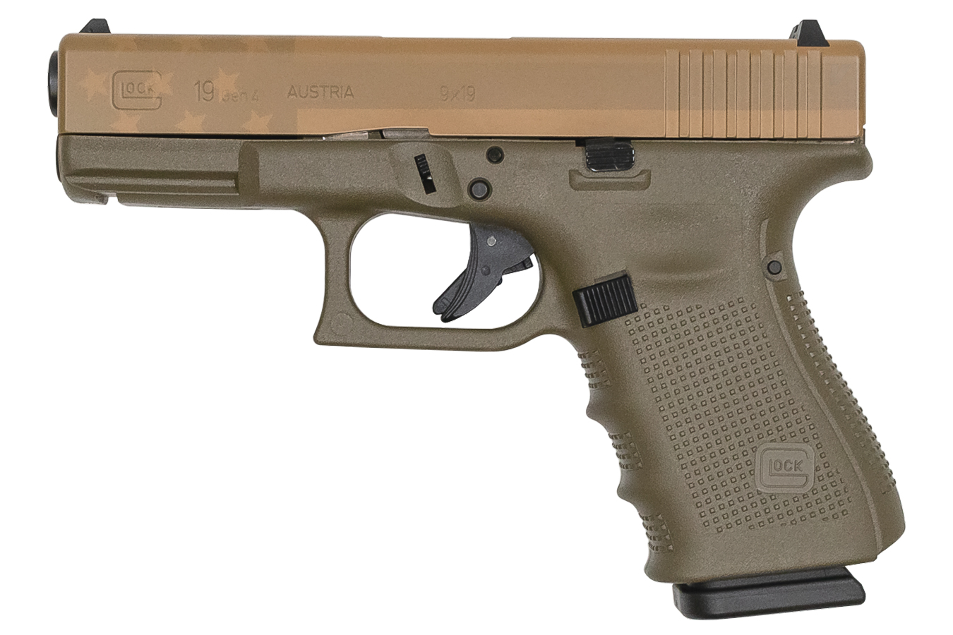 Glock 19 Gen4 9mm 15-Round Pistol with OD Green Frame and Tan American Flag Slide