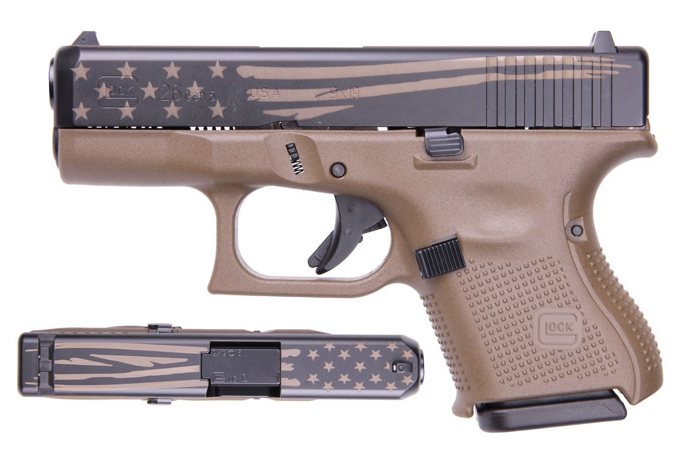 Glock 26 Gen5 9mm Carry Conceal Pistol with FDE Frame and Laser Engraved Distressed Flag