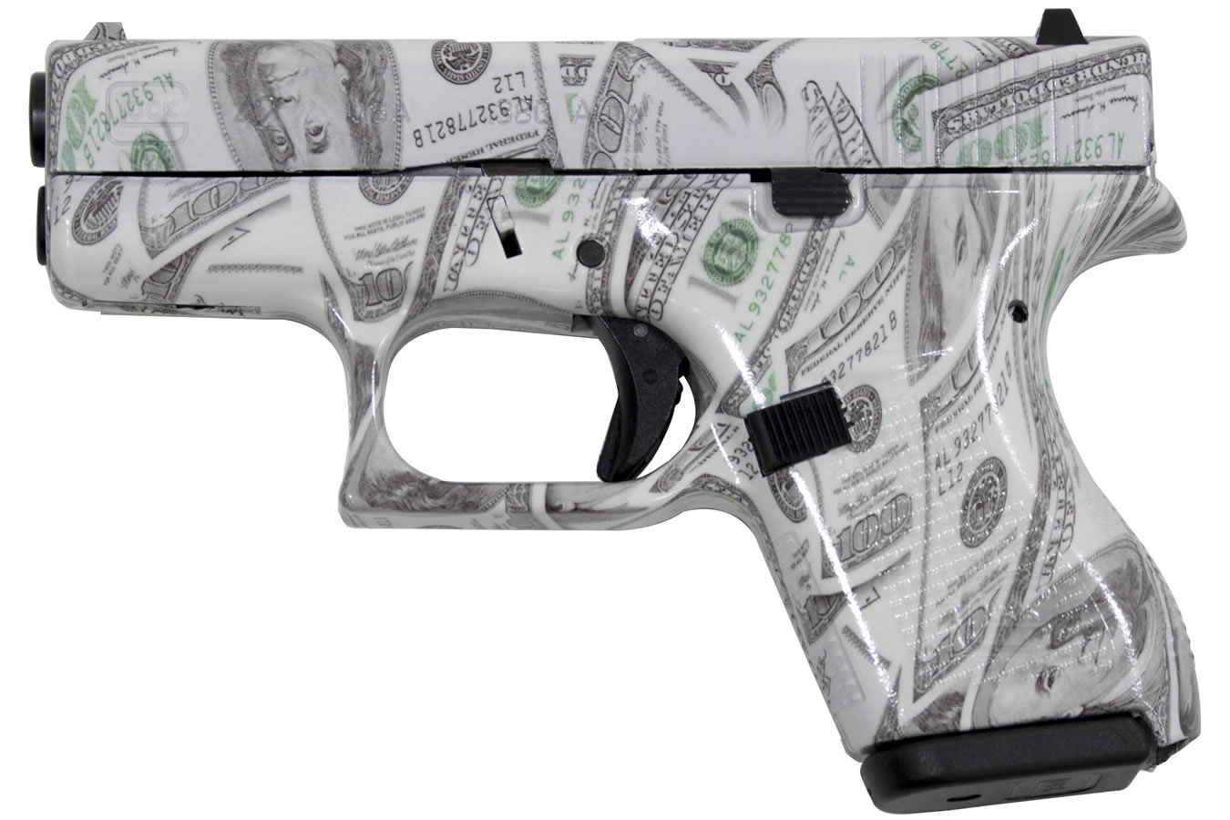 Glock 42 380 ACP Carry Conceal Pistol with Glow-in-the-Dark Hundred Dollar ($100) Bill