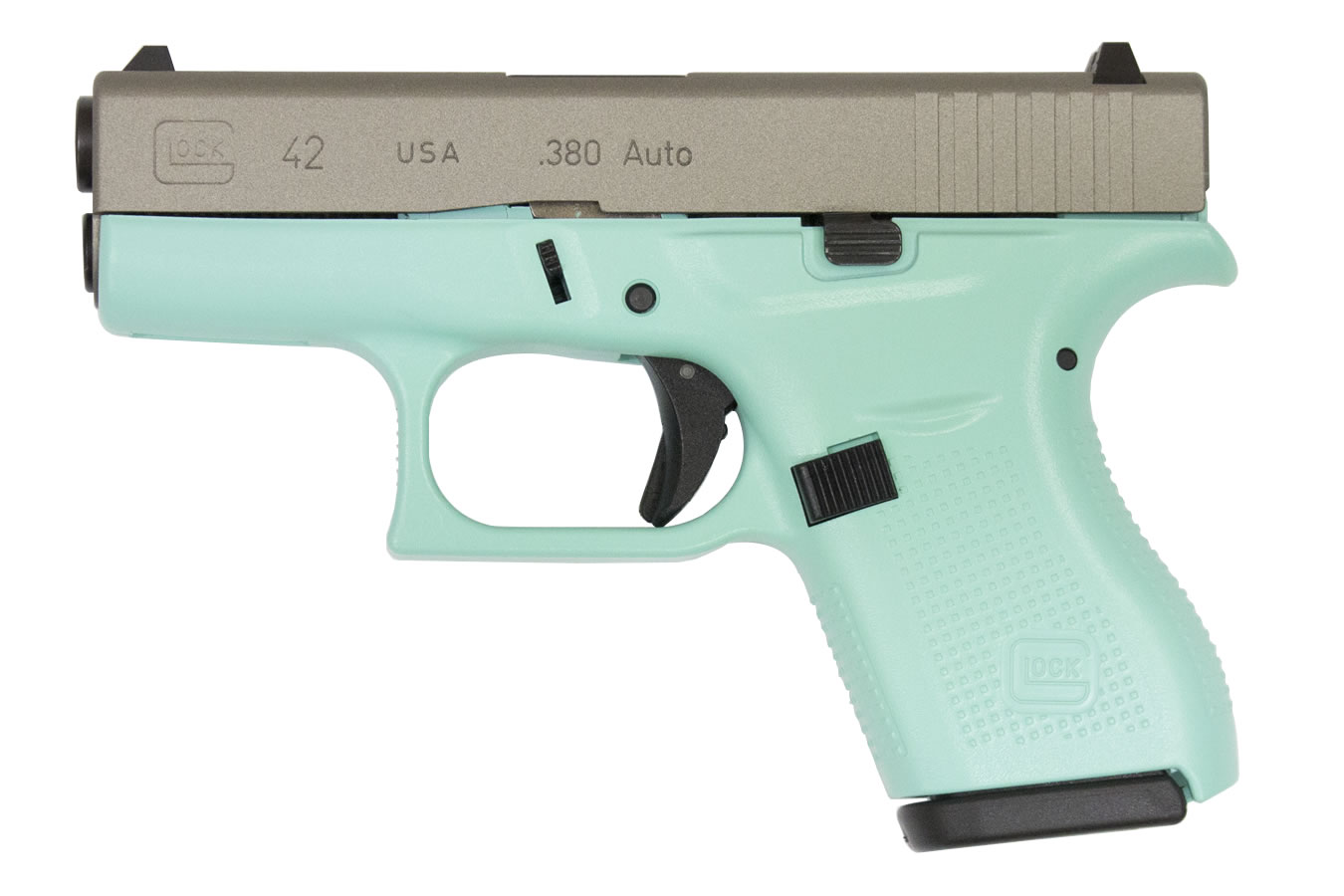 Glock 42 .380 Auto Eggshell Blue Cerakote Single Stack Pistol with Silver Slide