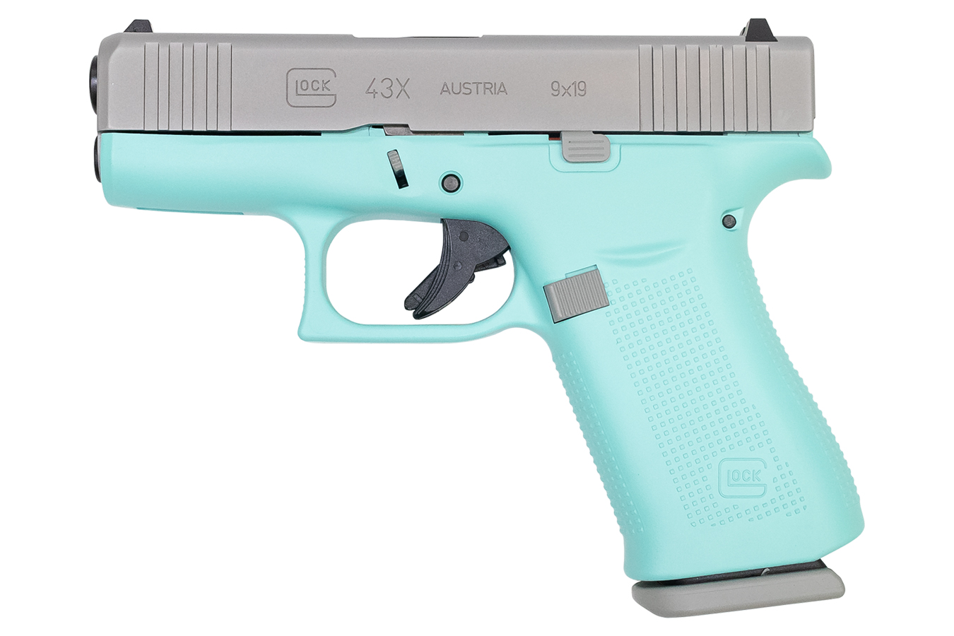Glock 43X 9mm 10-Round Pistol with Robin Egg Blue Frame and Silver PVD Slide