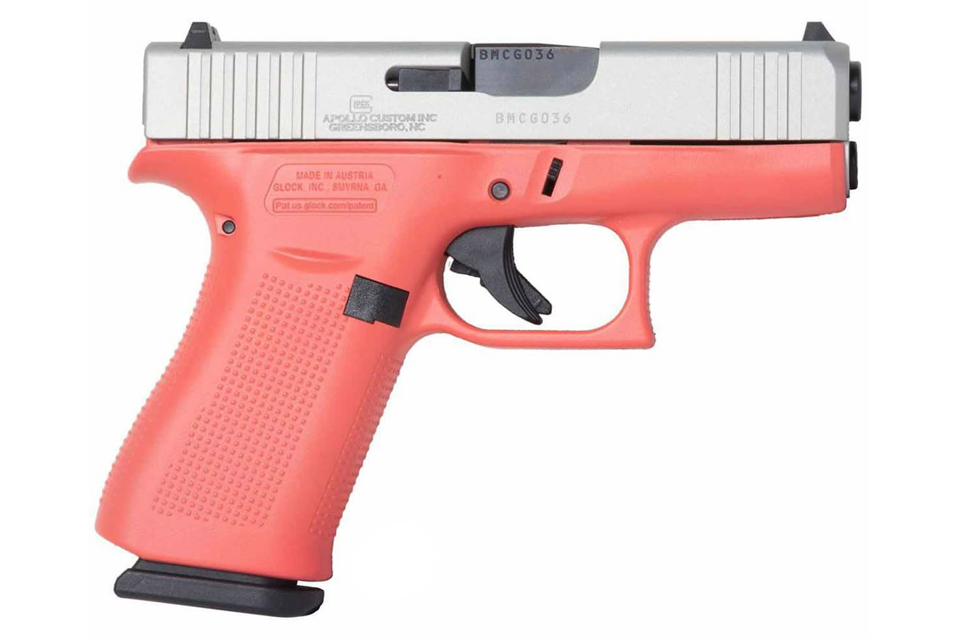 Glock 43x 9mm Pistol with Cerakote Coral Frame and Shimmering Aluminum Slide