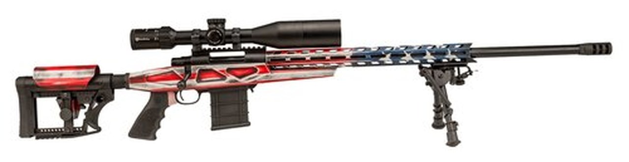 Howa 1500, Bolt Action Rifle, 308 Winchester, 24" Heavy Threaded Barrel, Red White & Blue American Flag Finish, Polymer Stock, Right Hand, Bipod, 10rd Mag, 4X16-50 Scope Included Legacy Intl Sports