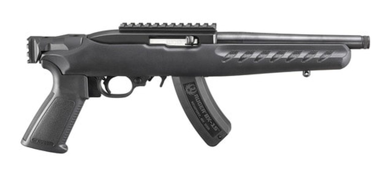 Ruger 22 Charger Railed Brace Mount, Rimfire Pistol, 22 LR, 8" 1/2-28 Threaded Barrel, Matte Black, A2-Style Grip, Black Polymer Stock, Picatinny Top Rail Installed, 15Rd, Includes Adjustable Bipod Ruger