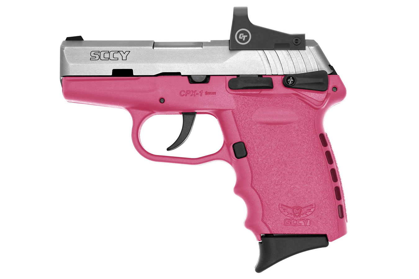 SCCY CPX-1 9mm Pistol with Pink Frame/Stainless Slide and Crimson Trace Red Dot