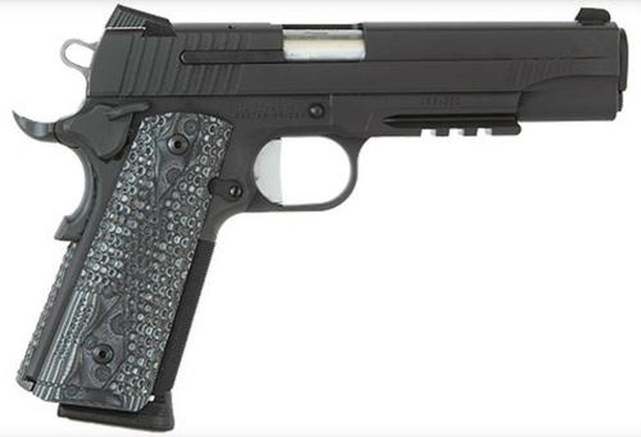 Sig 1911 45 ACP, 5" Barrel, Extreme Black SAO Siglite Black/Gray G10 Grip (2) 8RD Steel MAG Rail