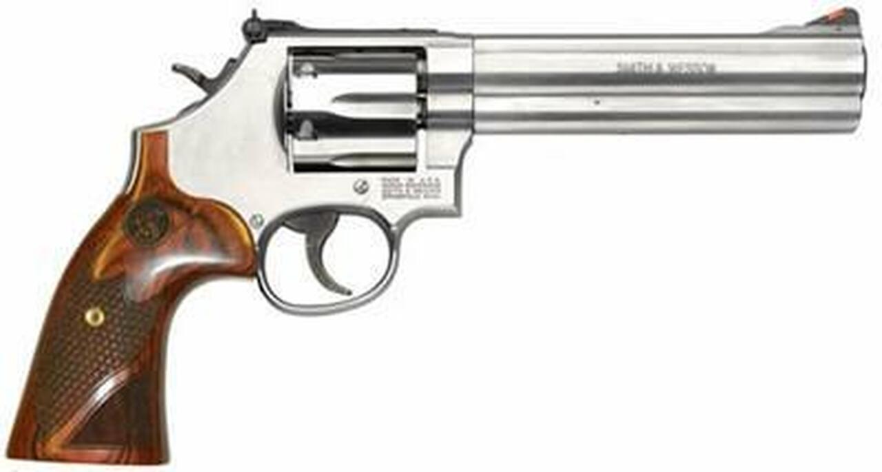 Smith & Wesson 686 Plus Deluxe, 357 Mag/38 Spec, 6" Barrel, Stainless Finish, Wood Grips, 7Rd, Adjustable Sights, CA Compliant Smith & Wesson