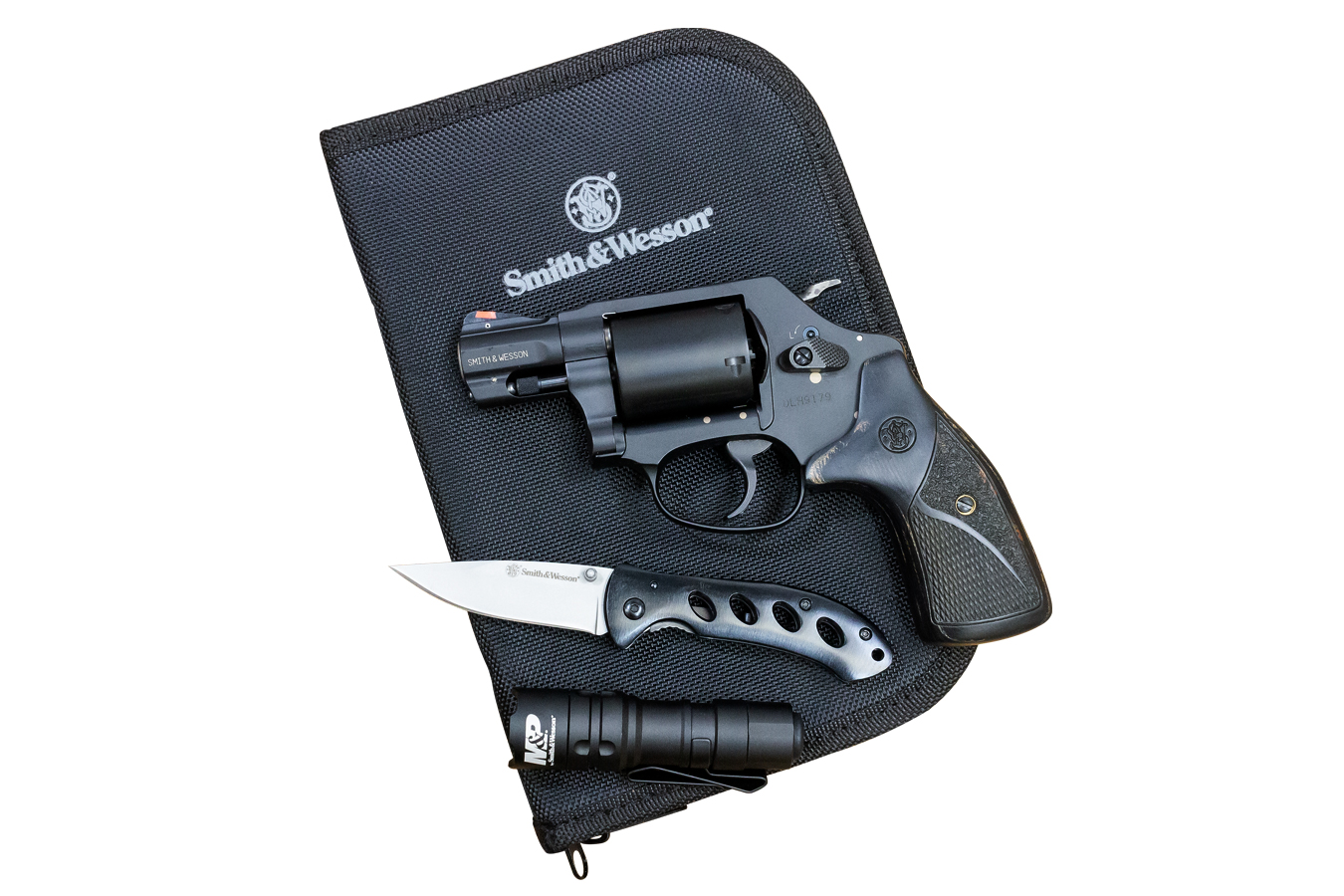 Smith & Wesson Model 360 357 Magnum Revolver EDC Kit with Silver/Black Wood Grips