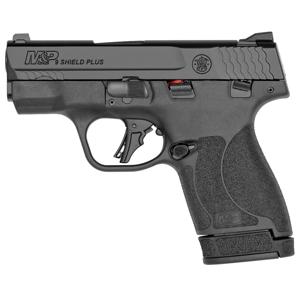 Smith & Wesson, Shield Plus, Striker Fired, Micro-Compact, 9mm, 3.1" Barrel, White Dot Sights, Polymer Frame, Thumb Safety, Flat Face Trigger, 2 Mags, 1-10Rd 1-13Rd, Black Smith & Wesson