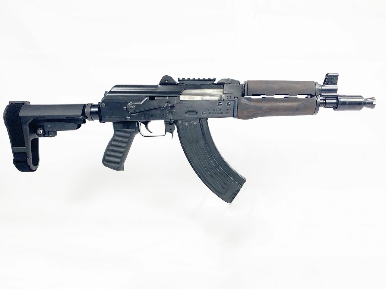 Zastava ZPAP92 With Booster AK-47 Pistol 7.62 x 39 10" Barrel Dark Wood, Top Rail, SB3 Brace, 30rd Mag